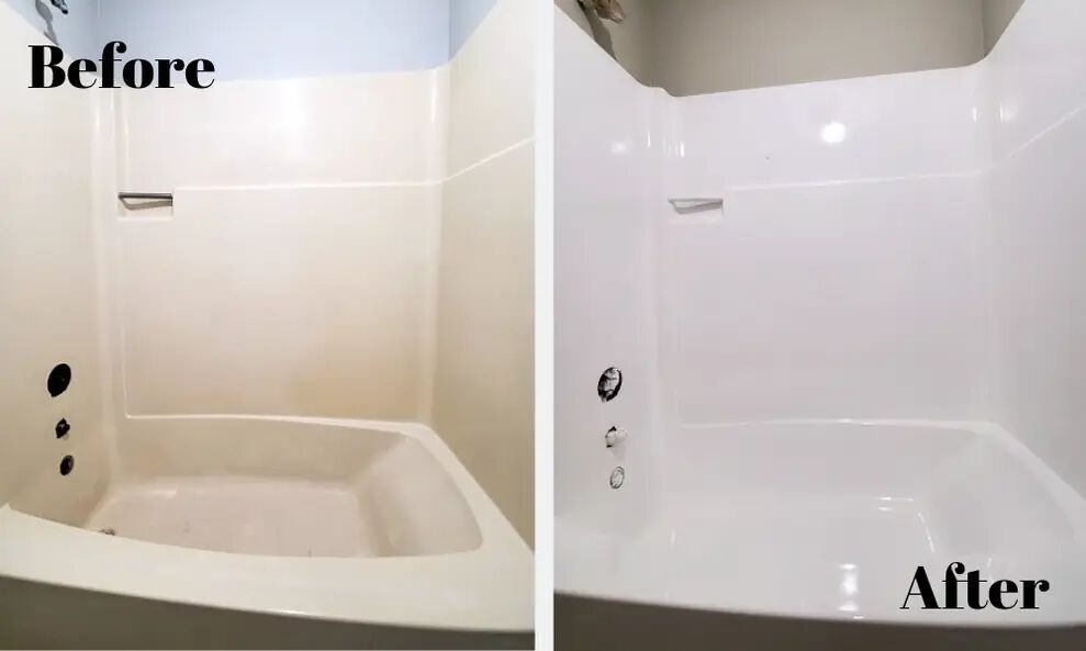 The image shows the before and after of a large refinished jacuzzi bathtub, the before shows a stained and yellowing bathtub and the after shows a completely white bathtub.